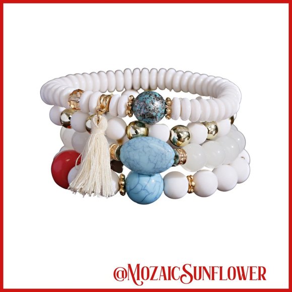 4 Piece Adjustable Bracelet Set White Turquoise Red Tassel Crystal Charms - Picture 1 of 4